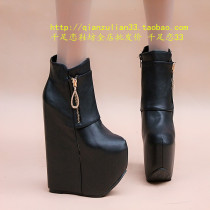 厚铆钉及底踝短靴新款系带秋冬欧美漆皮裸厚秋冬靴子底女鞋内增高银色靴